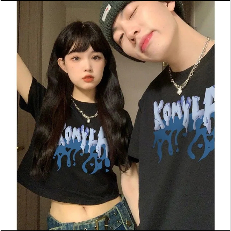 เสื้อคู่รักชายหญิงที่กําลังฮิต oversize แฟชั่นผู้หญิง ส์เกาหลี เสื้อครอปโอเวอร์ไซสวยๆ สกรีนลายวินเทจ วัยรุ่นน่ารัก