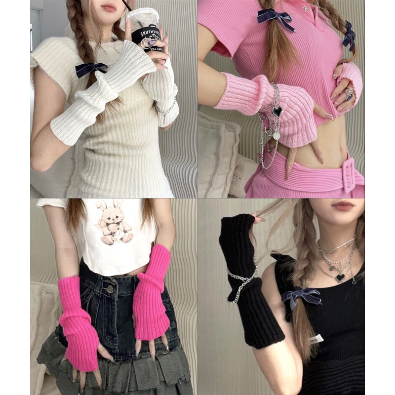 🔥SALE A11 👾พร้อมส่งจากไทย ปลอกแขนเปิดนิ้วไหมพรมแฟชั่น / y2k / E-girl มีหลายสีค่ะ ดำ/ขาว/เบจ/ชมพูอ่อน-เข้ม