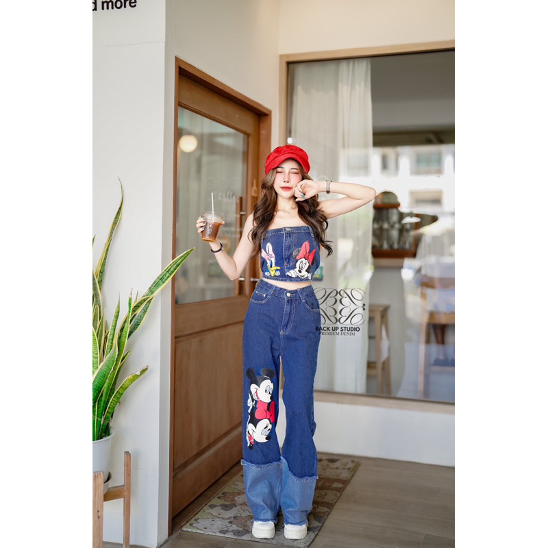 เซทยีนส์ เกาะอก+กางเกงขายาว เอวสูง สกรีนลายมิกกี้เมาส์ สไตล์รุ่นใหม่ 8095