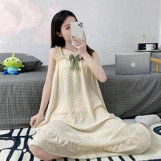 ชุดนอนสายเดี่ยวสเดรสโบว์ ชุดนอนกระโปรงยาวเหนือเข่าหลวม#DB055