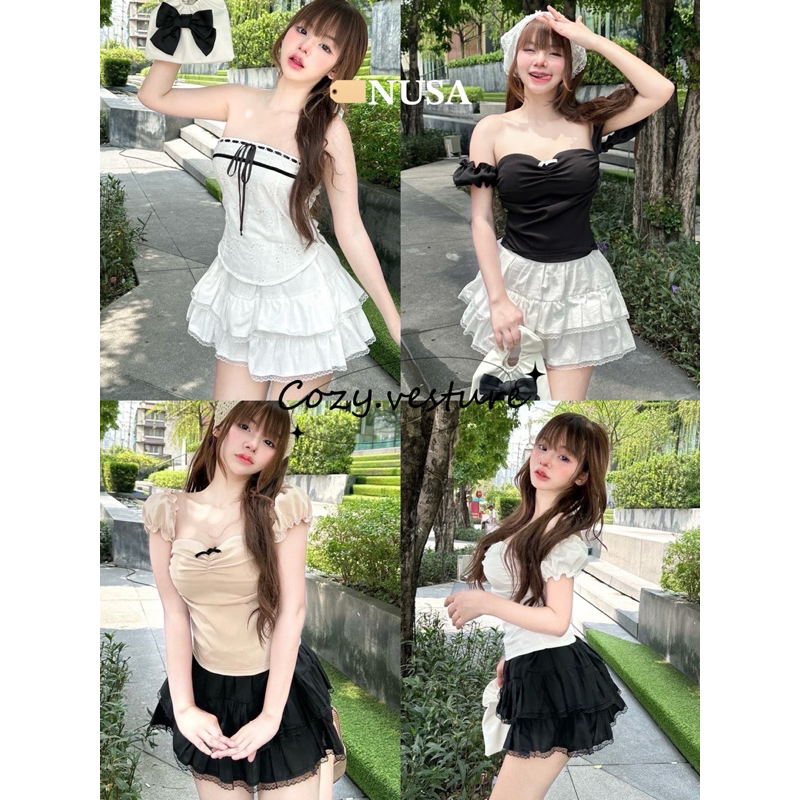 Nusa Style กระโปรงระบายสองชั้น แต่งลูกไม้ มีซับด้านในกางเกง เสื้อผ้าผู้หญิง