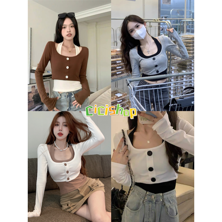 Cicishop(J793)SET 2 ชิ้น สายเดี่ยวคล้องคอ+เสื้อคลุมคอกว้างแขนยาว ดีเทลกระดุมหน้า สีพื้น ใส่แมตท์กับลุคไหนก็สวย