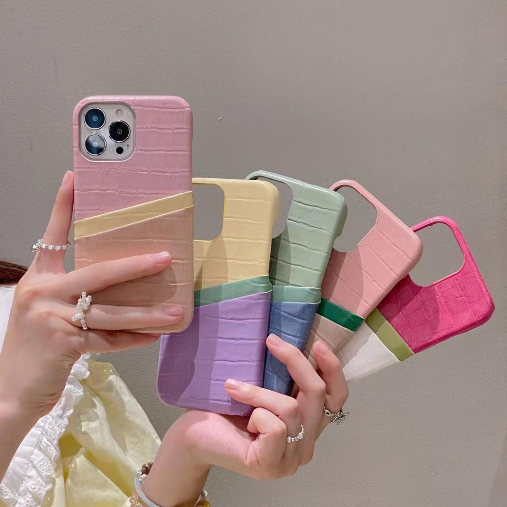 (มี16)พร้อมส่งในไทย⭐️ 5โทนสี PC072 เคสหนังใส่บัตร 2ชั้น สีทรีโทน เคสไอโฟน เคสสีมินิมอล สำหรับ iPHONE i15-16Promax
