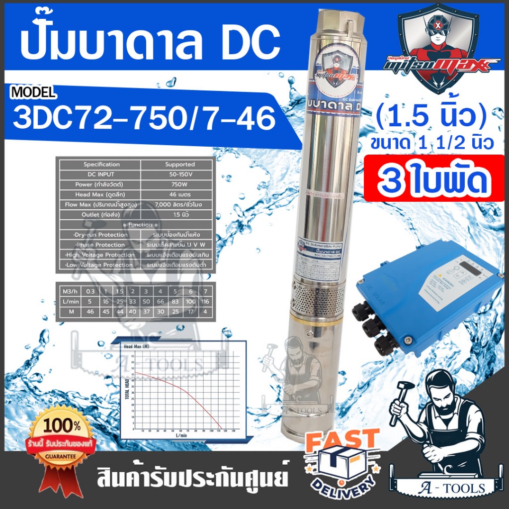 MITSUMAX ปั๊มบาดาล DC มิตซูแม๊กซ์ รุ่น 3DC72-750/7-46 750วัตต์ 3ใบพัด รูน้ำ 1.5นิ้ว ปั๊มซัมเมอร์ส ใช