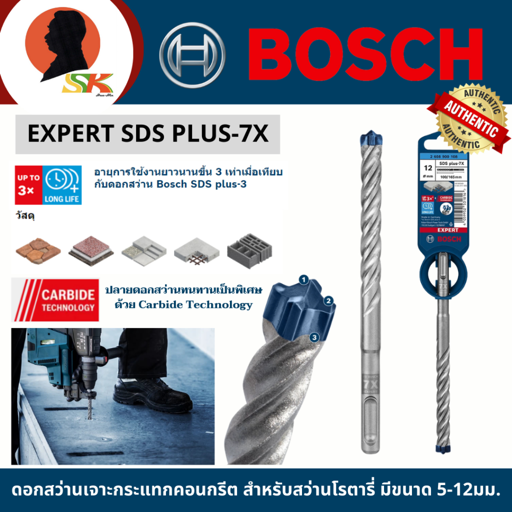 BOSCH ดอกสว่านเจาะกระแทกคอนกรีต สำหรับสว่านโรตารี่ มีขนาด 5-12มม. รุ่น EXPERT SDS PLUS-7X