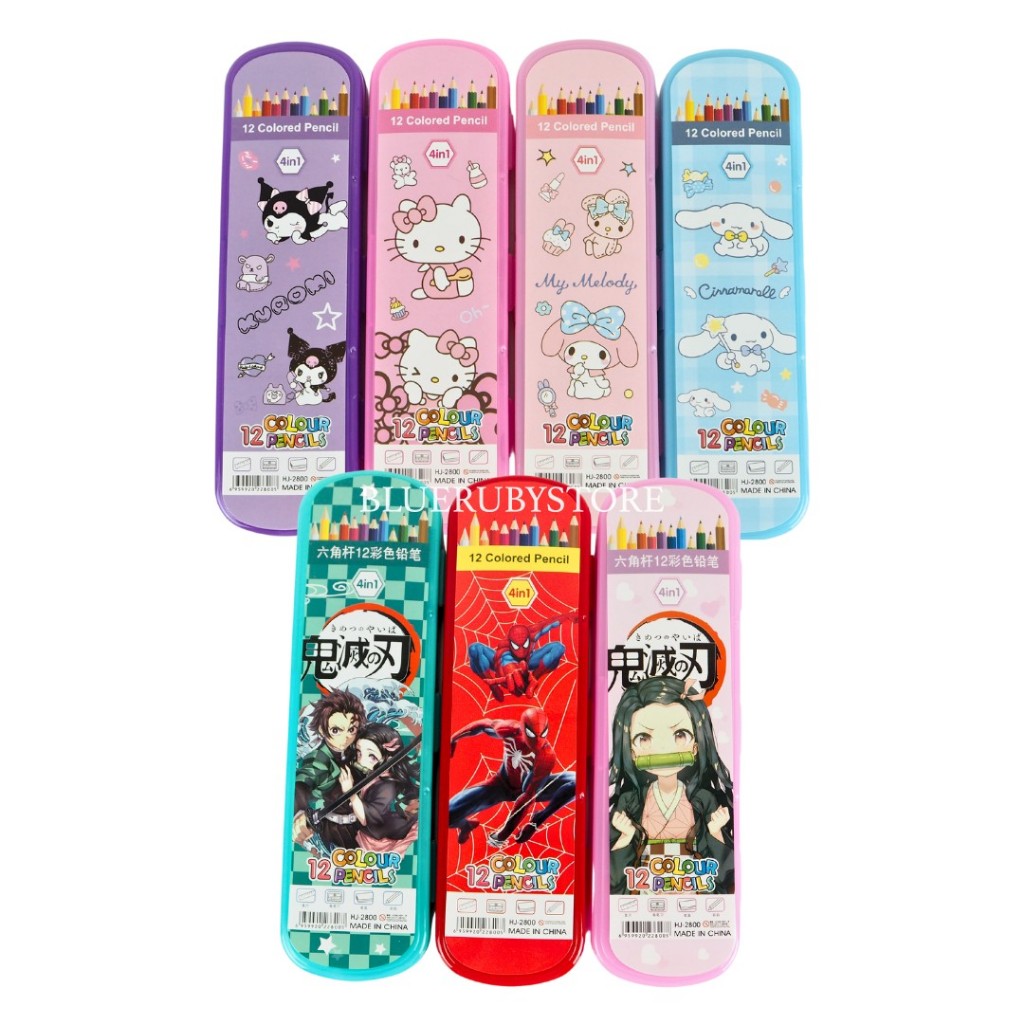 พร้อมส่ง ชุดดินสอสีไม้ 12 สี + กบเหลา + ไม้บรรทัด ลายการ์ตูน Sanrio ชุดเครื่องเขียน | Bluerubystore