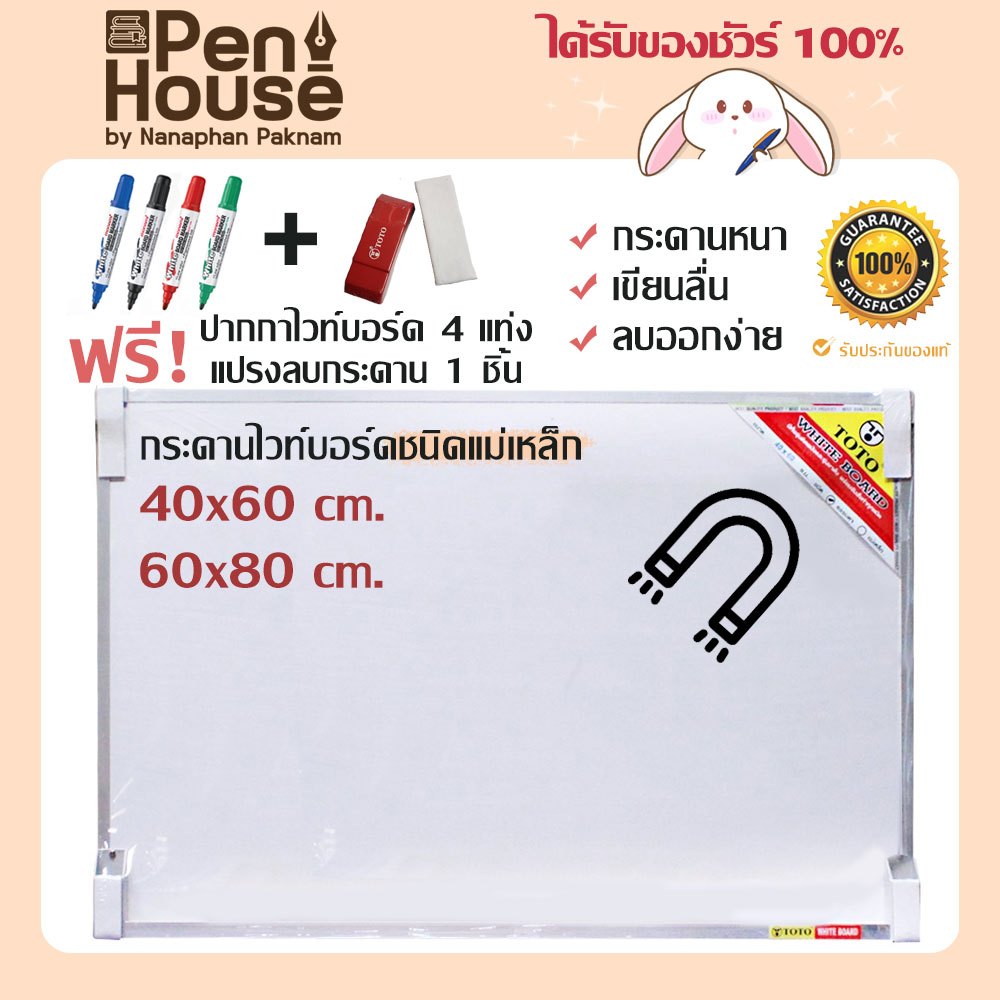 (ชนิดแม่เหล็ก) กระดานไวท์บอร์ดติดผนัง 40x60 ซม. 60x80 ซม. แถมปากกา 4 ด้าม และที่ลบกระดาน 1 ชิ้น กระดานลบได้ White Board