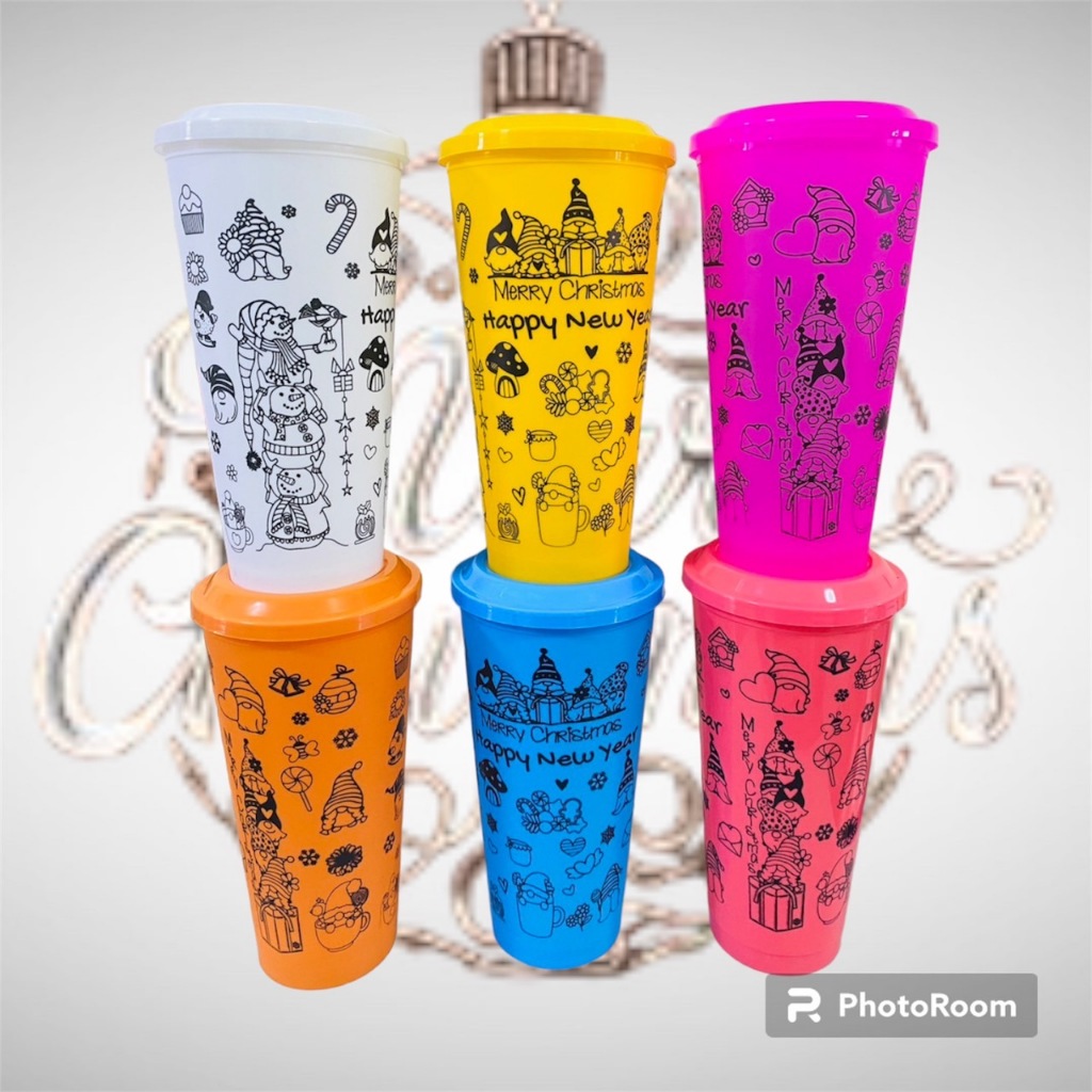 แก้ว 22 oz pp แข็ง สกรีนลาย Merry Christmas พร้อมฝาเรียบแข็ง คละสี รหัส K-22/k/90