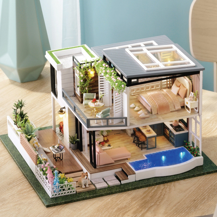 ส่งด่วนกทม. บ้านตุ๊กตา DIY ประกอบเอง หลังใหญ่ West Creek พูลวิลล่า แถมฝาครอบกันฝุ่น CUTE ROOM A-086