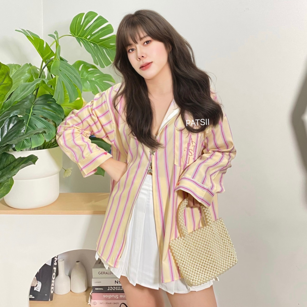 AMESTORE ซิปดาวPS เสื้อเชิ้ตซิปหน้าโอเวอร์ไซส์ลายริ้วปักกระเป๋า