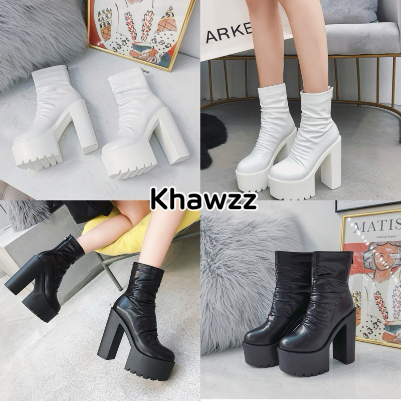 Khawzzส่งเร็ว💨รองเท้าบูทหนังส้นสูง 14 ซม.(36-42) มีซิปหลัง ทรงสวย ใส่ง่าย พื้นหยักกันลื่น วัสดุพรีเมี่ยม พร้อมส่งจากไทย