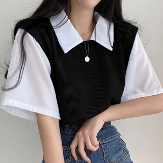 เสื้อครอป เสื้อคอปก ผ้าร่อง ผ้าทิ้งตัว สไตล์เกาหลี #2291
