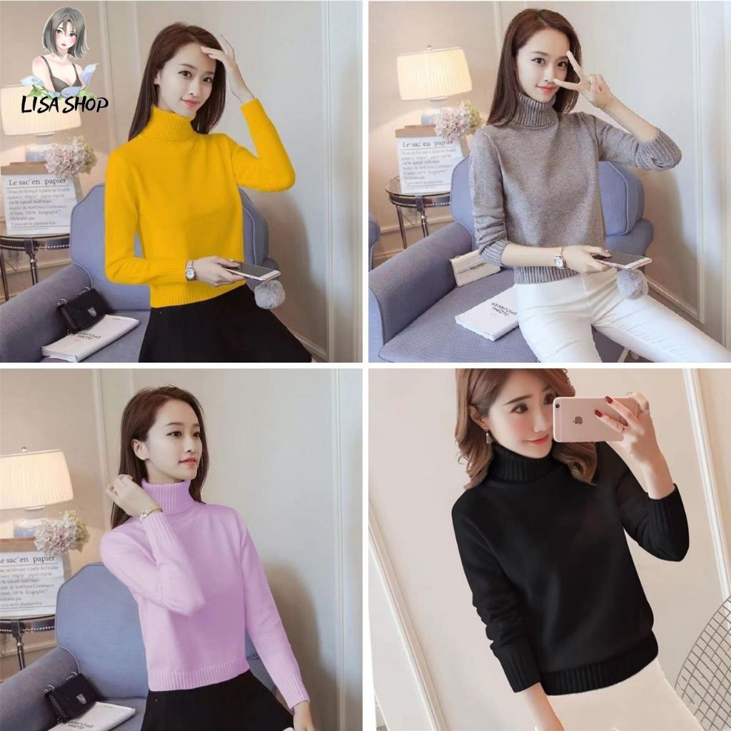 เสื้อไหมพรม คอเต่า แขนยาวสีพื้น ผ้านิ่ม แฟชั่นผู้หญิง TS919