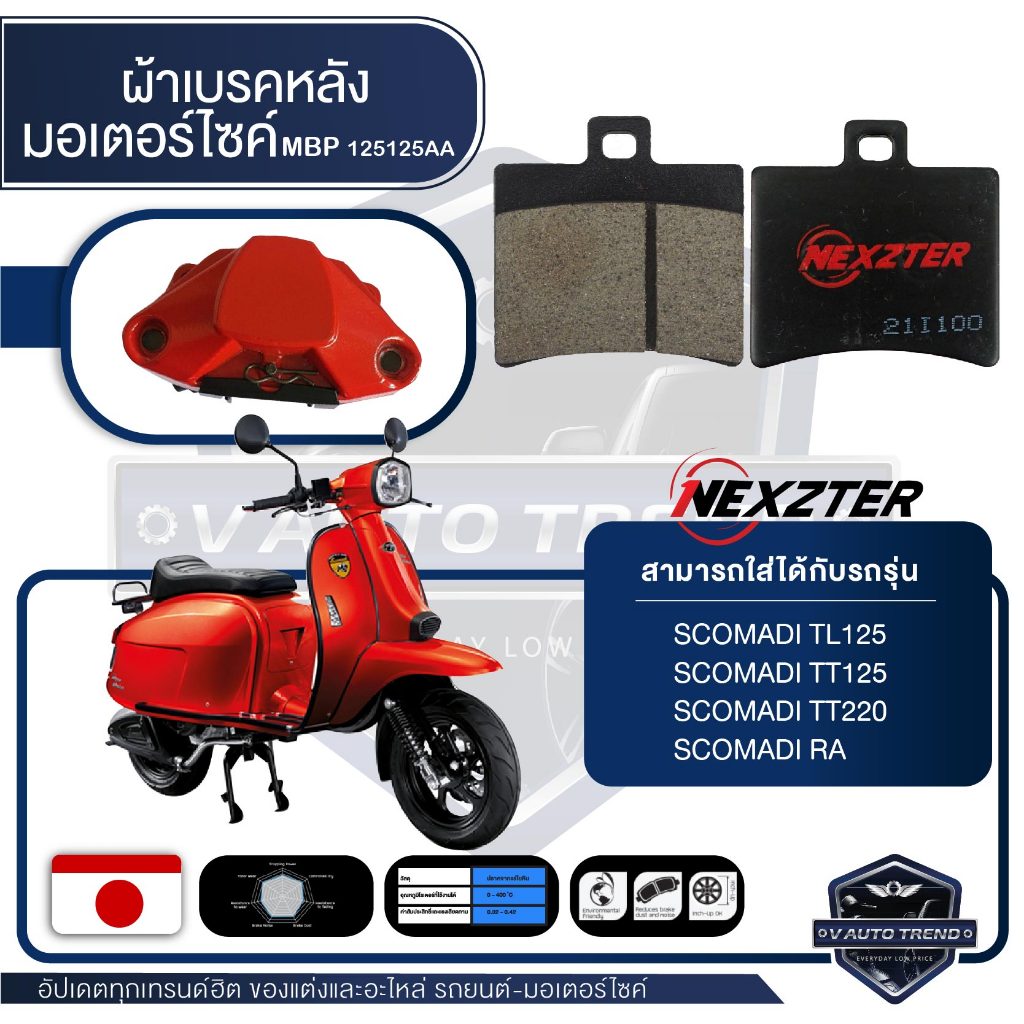 ผ้าเบรคหลัง NEXZTER เบอร์ 125125AA สำหรับ SCOMADI TL125, TT125, TT220, RA เบรค ผ้าเบรค ผ้าเบรคมอเตอร