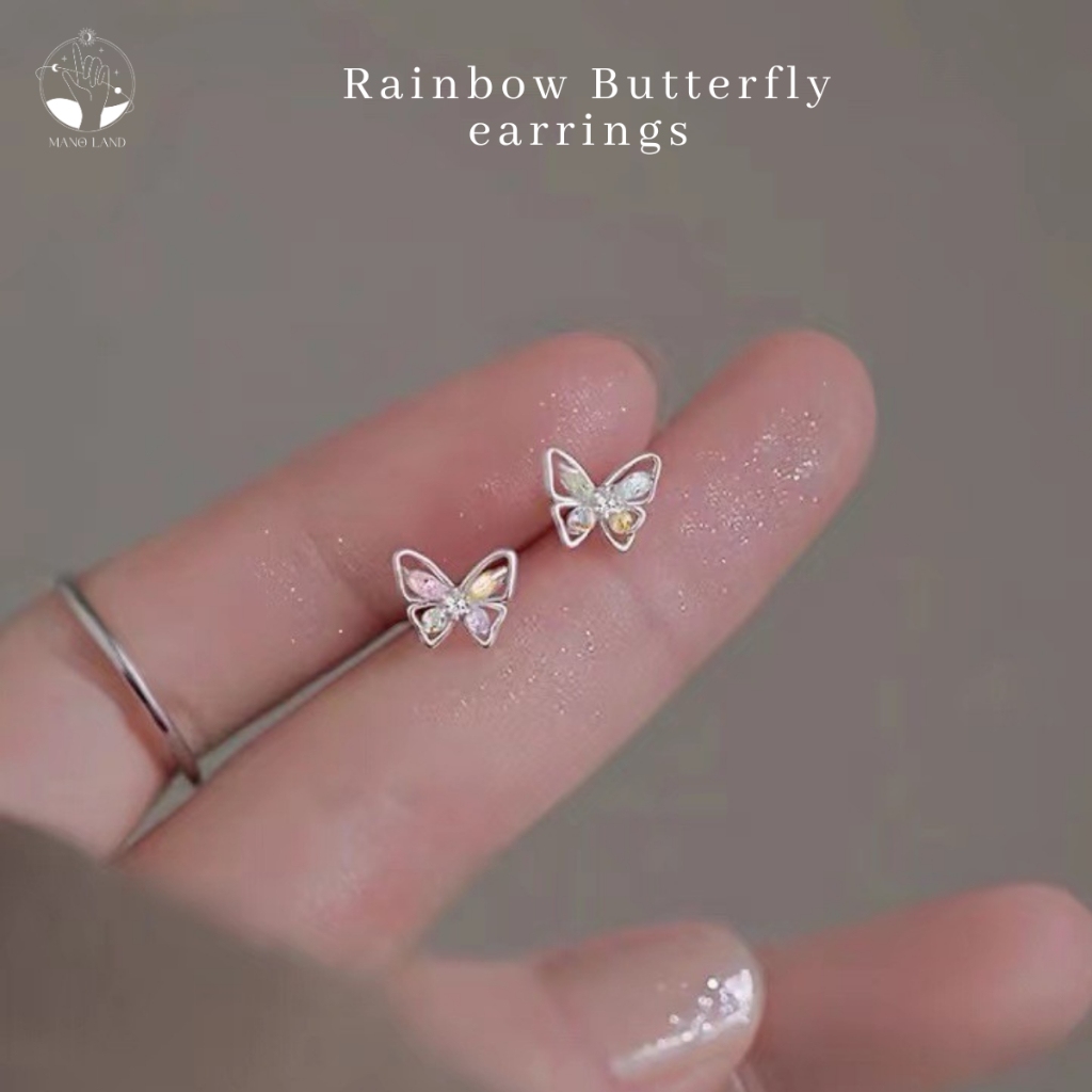 MNL💗ต่างหูแป้น Rainbow Butterfly ผีเสื้อรุ้ง เครื่องประดับมินิมอล แฟชั่นเงินแท้ ไม่ลอกดำ ใส่ทุกวัน วันเกิด ของขวัญ