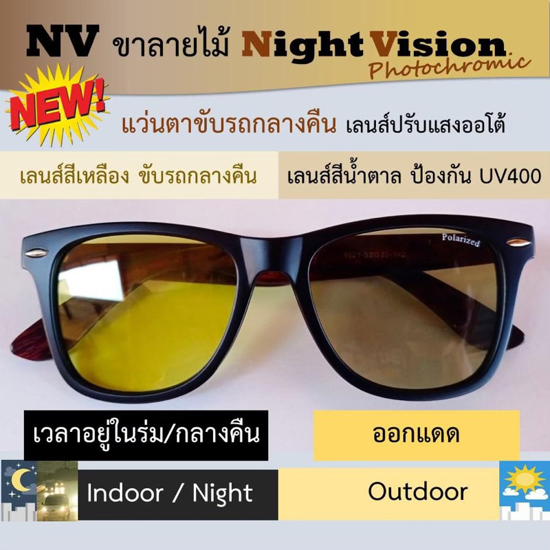 แว่น NV1 ทรงเวย์ ขาไม้ เหลี่ยมใหญ่ เลนส์เหลือง ออกแดดเปลี่ยนสี(ชา)