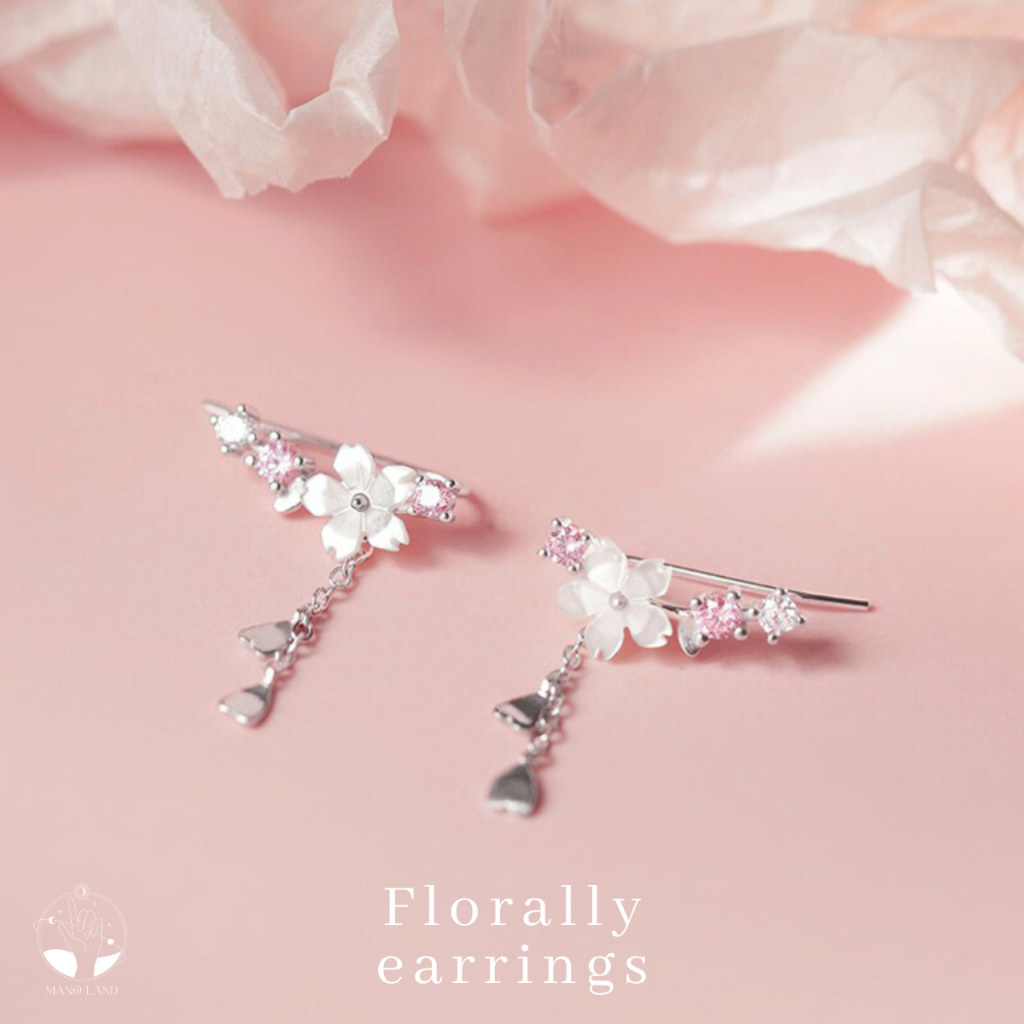 MNL💗ต่างหูเกี่ยวหู Florally ลายดอกไม้ มีตุ้งติ้งห้อย เครื่องประดับแฟชั่น เงินแท้925 มินิมอล น่ารัก ใส่ออกงาน ของขวัญ