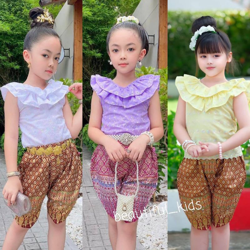 (#NN)ชุดไทยเด็กผู้หญิง ชุดไทยเด็กเสื้อคอระบายโจงกระเบน