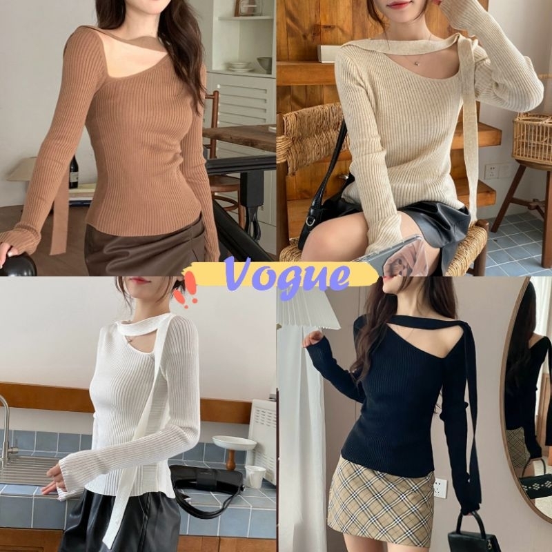 Vogue พร้อมส่ง เสื้อไหมพรมแขนยาว ดีเทลผ้าร่อง สายคาดเก๋ๆ (J11) -C