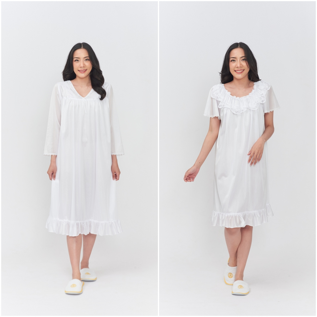 ชุดนอนผ้าลื่นสีขาว เซตเสื้อแขนยาว + กระโปรง ผ้าเจอร์ซี่ เกรดเอ (มีซับใน) งานไทย