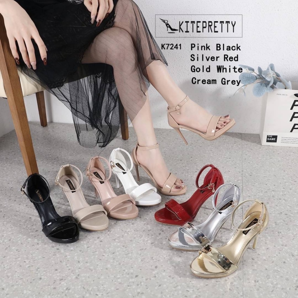 สินค้าพร้อมส่ง K7241 รองเท้าส้นสูงเปิดหน้า พียูหนังเคลือบเจล ส้นแหลมสูง 4 นิ้ว