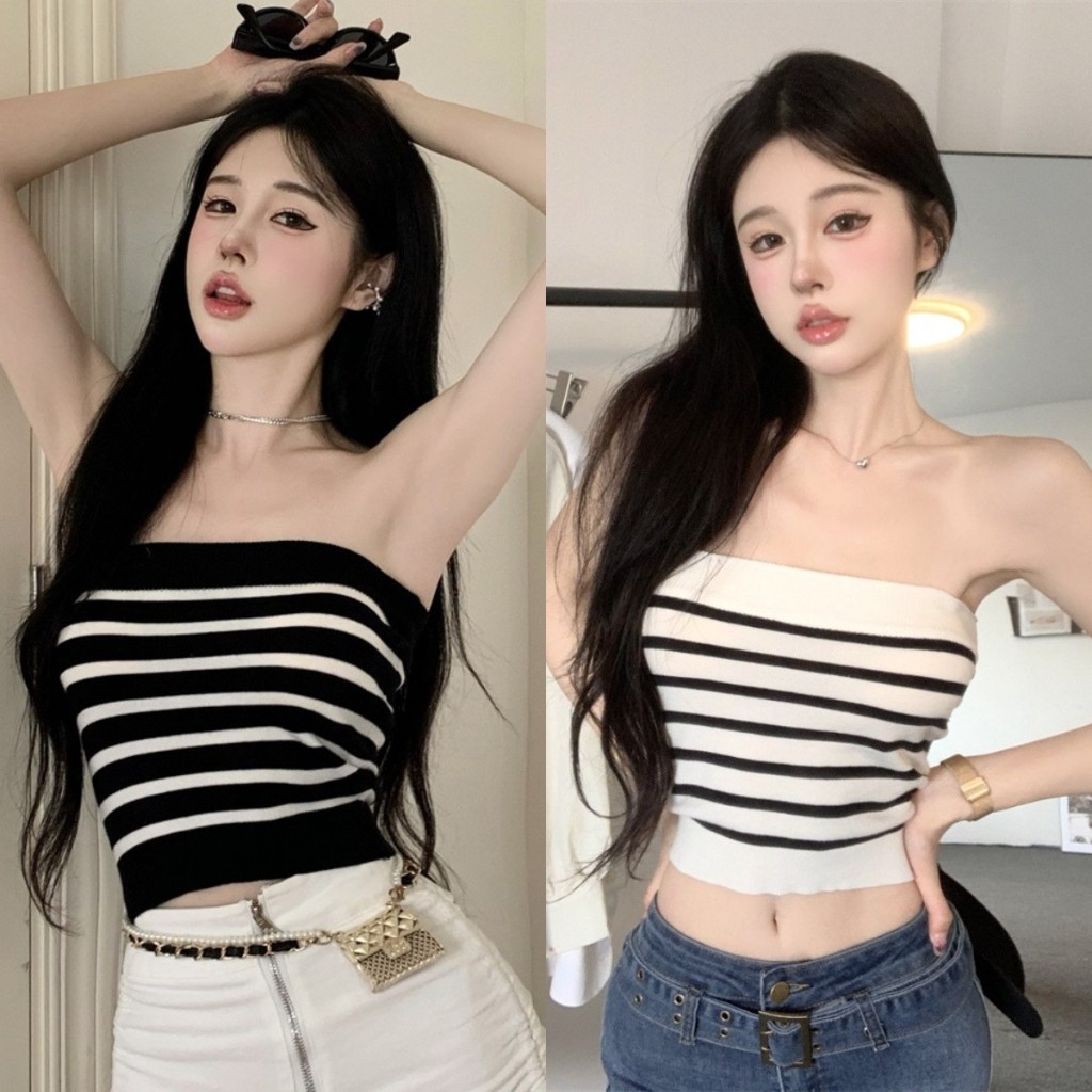 พร้อมส่ง เสื้อแฟชั่น เสื้อเกาะอกไหมพรม ลายทาง ผ้านิ่้มสบาย สไตล์เกาหลี Tube Tops #2292