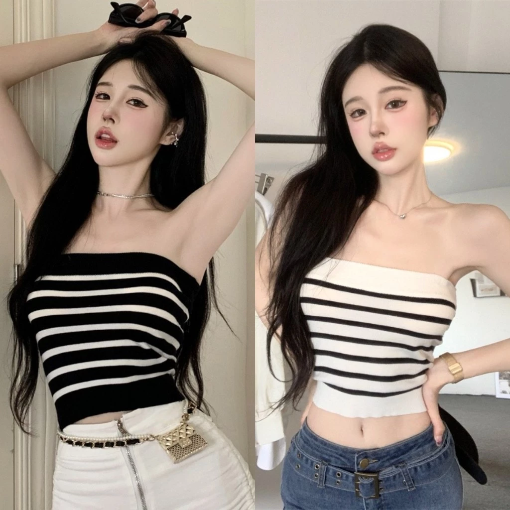 พร้อมส่ง เสื้อแฟชั่น เสื้อเกาะอกไหมพรม ลายทาง ผ้านิ่้มสบาย สไตล์เกาหลี Tube Tops #2292