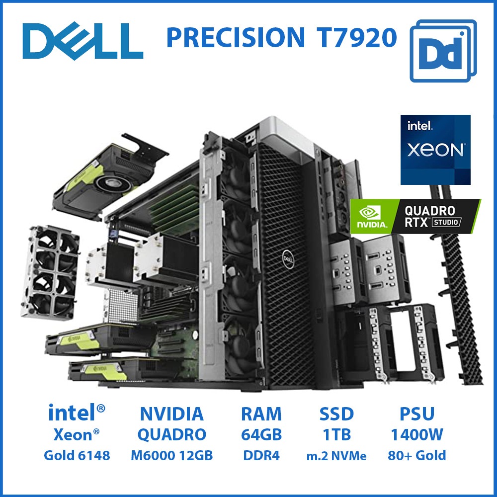 DELL Precision T7920 Workstation 2X Xeon GOLD 6148 40C/80T NV Quadro M6000 12GB RAM 64GB SSD NVMe 1T