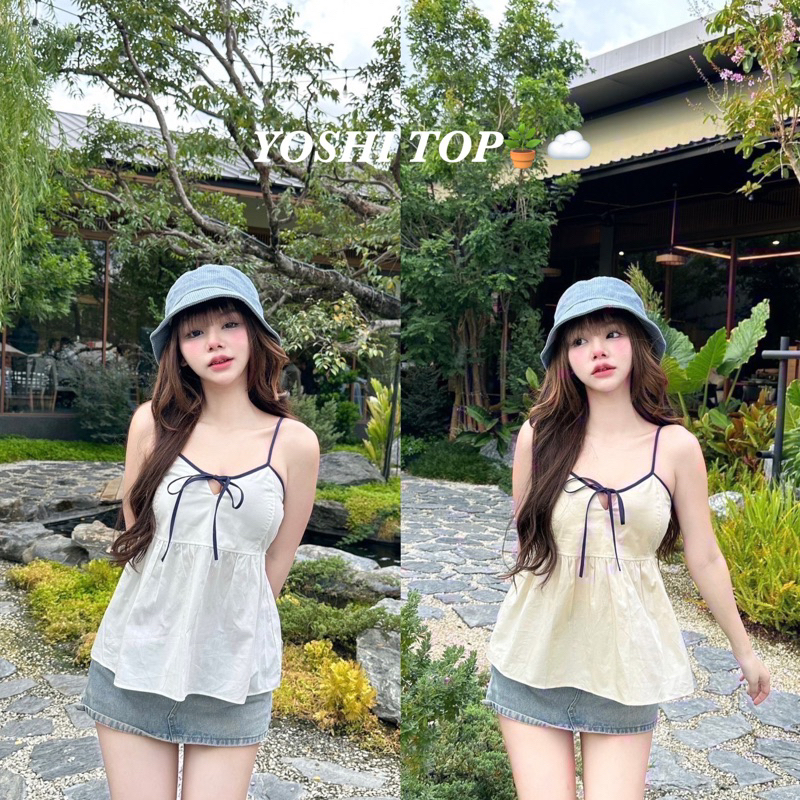 YOSHI TOP☁️ พร้อมส่งด่วน! ส่งไว! เสื้อสายเดี่ยวผ่าหน้าผูกโบว์ สายเดี่ยวระบายตัดขอบ สายเดี่ยวแบบโยชิ