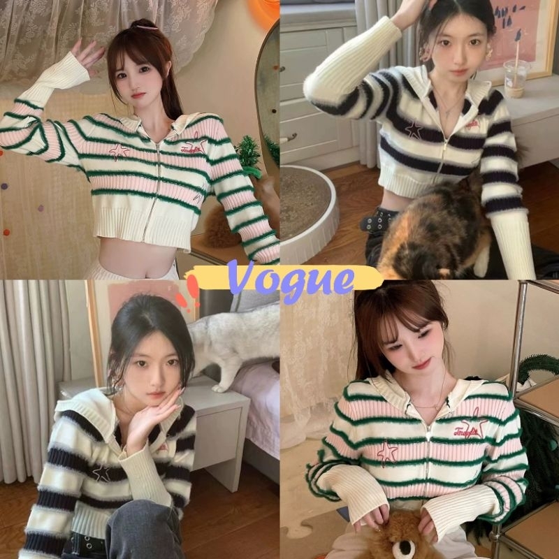 Vogue🌟พร้อมส่ง🌟 เสื้อคาร์ดิแกนแขนยาวลายทางสองสีมีฮู้ด มีฮู้ดดี้ใส่สบาย (72036) -C