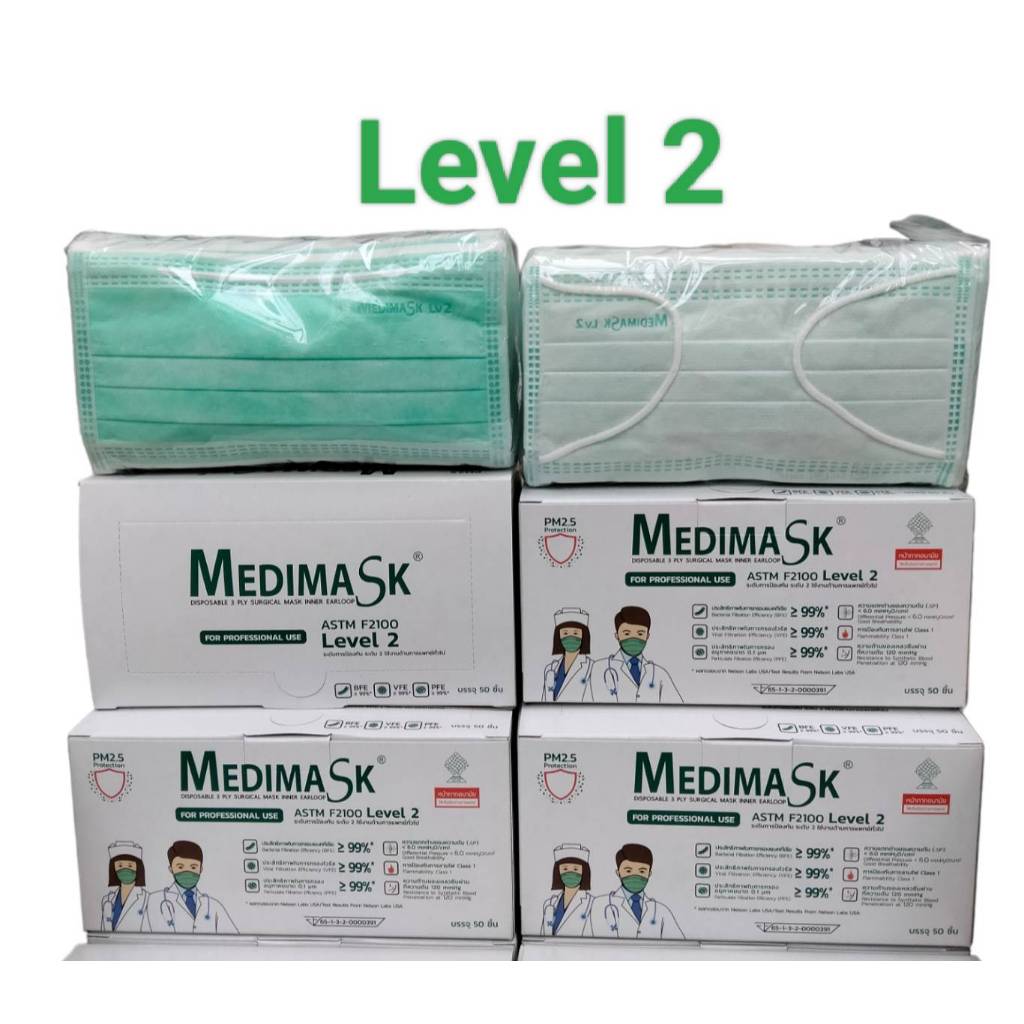Medimask Disposable Surgical mask Inner Earloop Level 2 Green Color หน้ากากอนามัยเมดิแมสสีเขียว ระดับ2