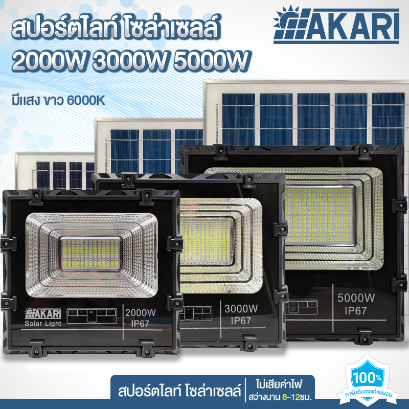 AKARI สปอร์ตไลท์โซล่าเซลล์ 2000W 3000W 5000W แสงขาว พลังงานแสงอาทิตย์ LED ประหยัดพลังงาน