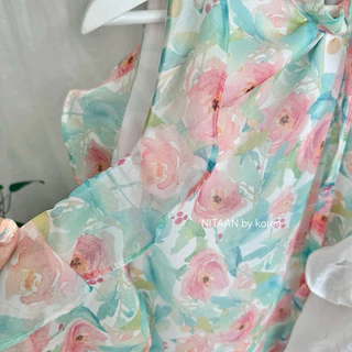 NITAAN (มี46/52)Rose’ DRESS สวยหวานปานเจ้าหญิง ชุดผ้าเยอะ ผ้าออแกนซ่าวิ้งๆลายดอกสีหวาน ชุดมีซับ เปิดไหล่เบาๆมีเชือกค่า