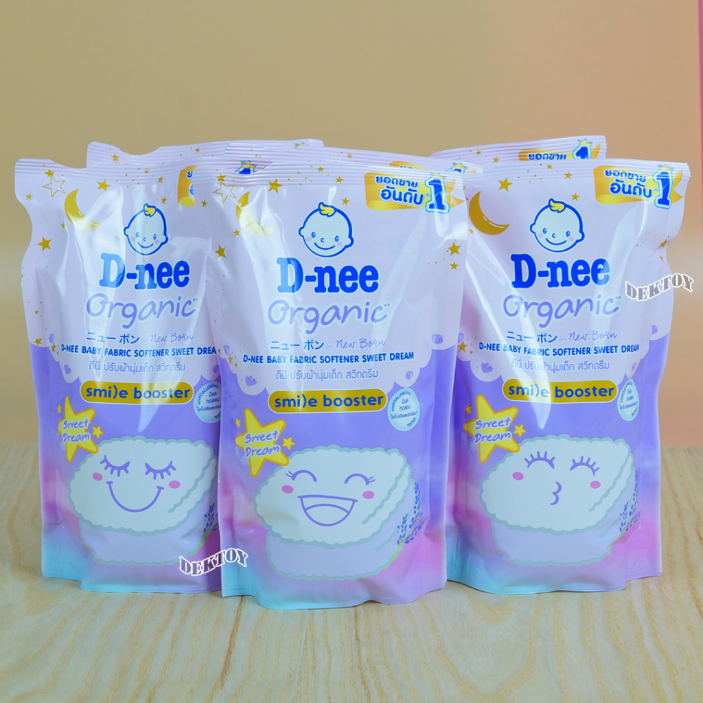 6 ถุง D-nee ดีนี่ Organic น้ำยาปรับผ้านุ่มเด็ก สวีทดรีม 530 มล. smile booster สีม่วง