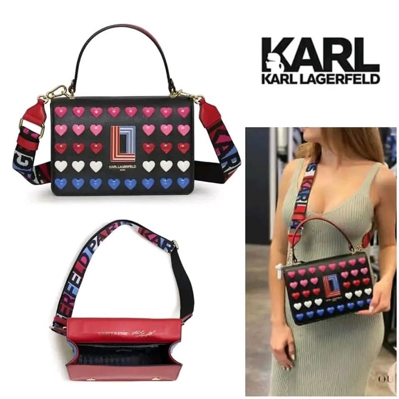 (ผ่อน0%) Karl Lagerfeld Paris Simone Crossbody karl67721 กระเป๋าหนังแท้ ทรงกล่อง  ลายหัวใจ 3 มิติ สายสปอร์ต 9 นิ้ว