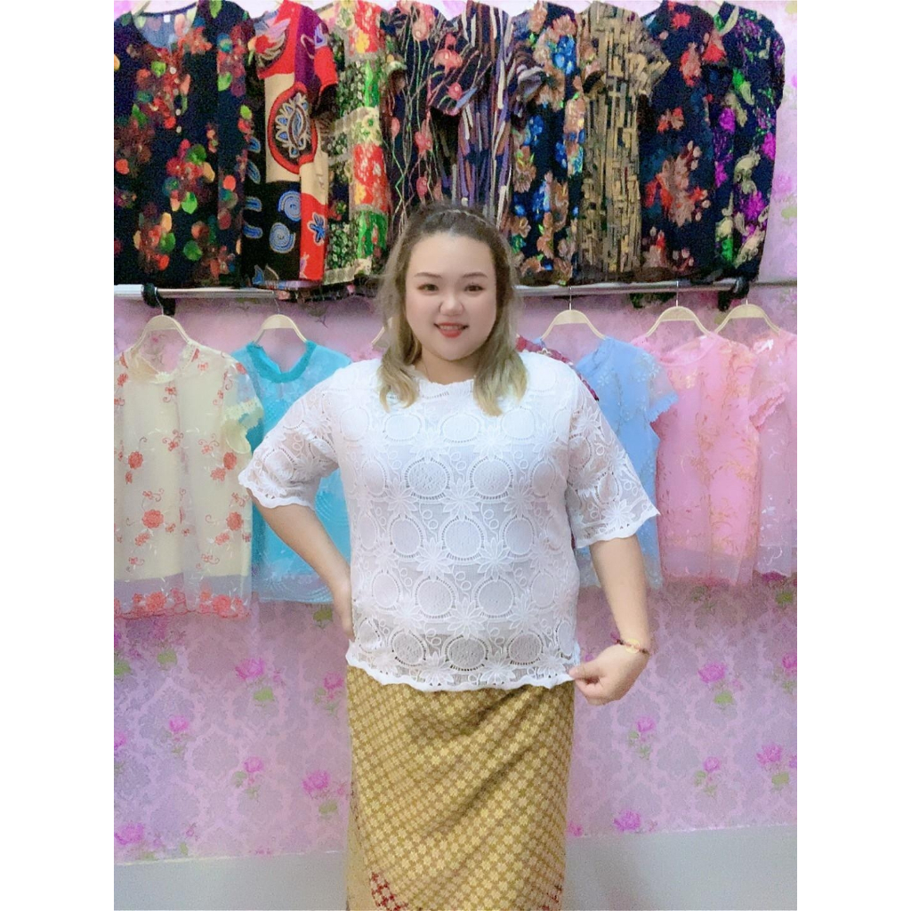 เสื้อลูกไม้ อก50-52 #เสื้อลูกไม้สาวอวบ#แขนสามส่วน#รุ่น5205ขาว-ดำ