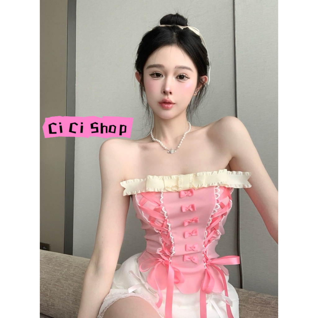 Cicishop(J838)เกาะอกคอร์เซ็ท เข้ารูป แต่งประดับโบว์ เหมาะกับสาวหวานสไตล์บาร์บี้