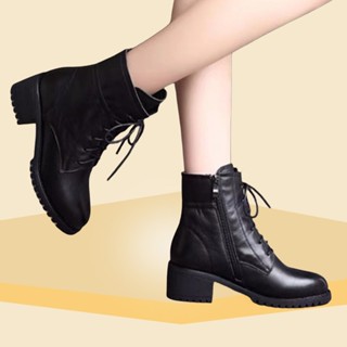 ผู้หญิงแฟชั่นกลางส้นมาร์ตินบู๊ทส์หนังอังกฤษซิปด้านรองเท้าส้น…