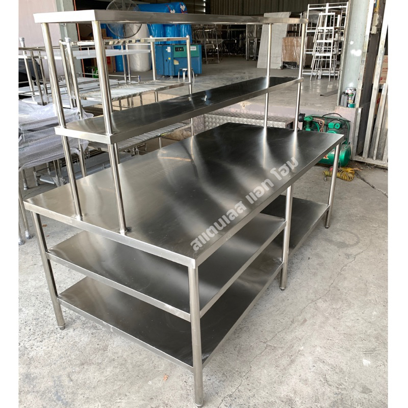 โต๊ะเตรียมอาหารสแตนเลส เกรด 304 รุ่น 2ชั้นครึ่งมี2ชั้นลอย ขนาด 100x200x160cm งานผลิตไทย เกรดคุณภาพ เ