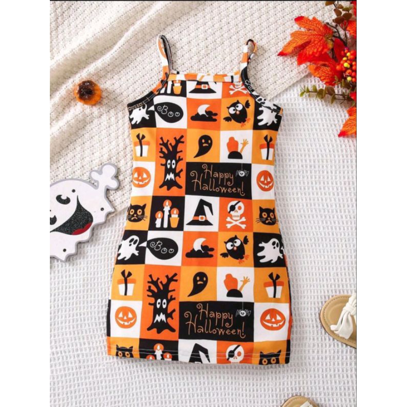 I-JENNY ร้านไทย พร้อมส่ง!! เดรสสายเดี่ยวสำหรับเด็กสาว 4-7 ปี พิมพ์ฮาโลวีน Halloween ผ้ายืด