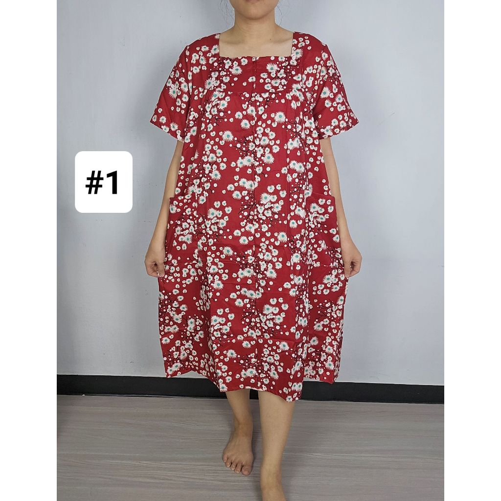 F(อก 45):คอสี่เหลี่ยมซิป กระเป๋าหน้า2ข้าง ชุดกระโปรง: ชุดนอนผู้หญิง ชุดลำลอง ชุดอยู่บ้าน ชุดนอนลายดอ