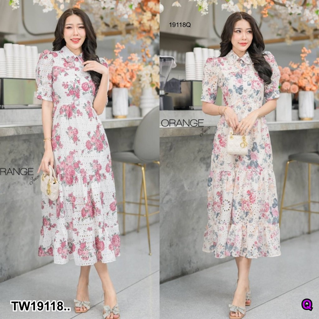 J19118 Maxi เดรสยาวพิมลายผ้าฉลุ Maxi long dress with printed pattern and openwork fabric.