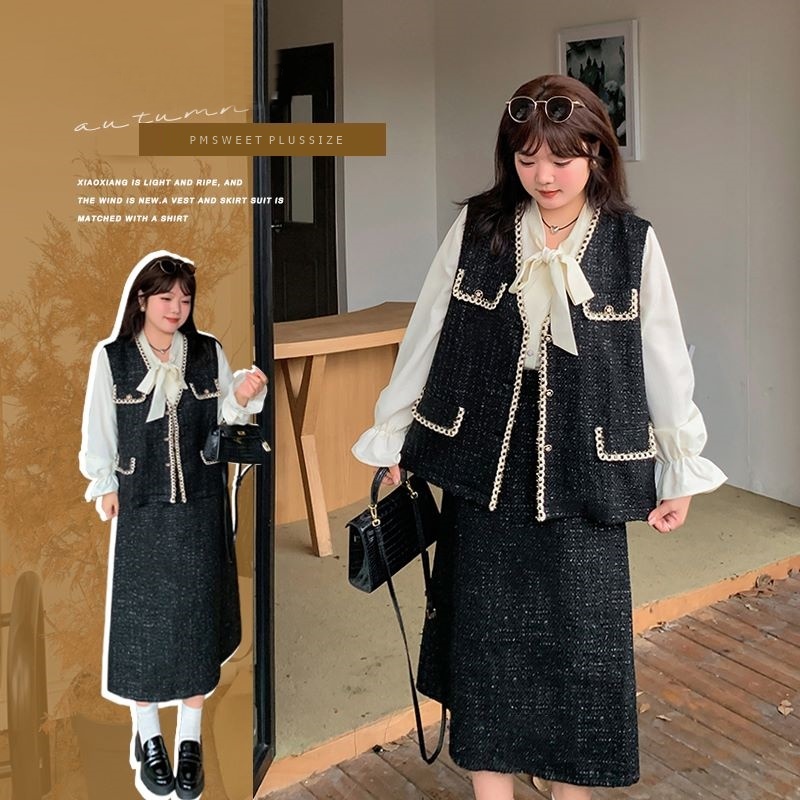 [ อกถึง 53" ] : PMP2223 : พรีออเดอร์ เสื้อผ้าไซส์ใหญ่ ชุดทำงานคนอ้วน เซตลายสก็อตสาวอวบ ผ้าทวีตชาแนล