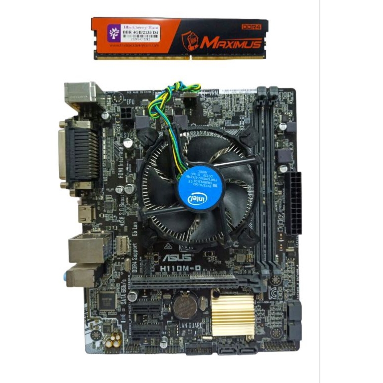 เมนบอร์ดพร้อมซีพียู Core i3 gen 6 6100 3.7gh+แรม 4gb พร้อมฮีทซิงค์เเละฝาหลัง