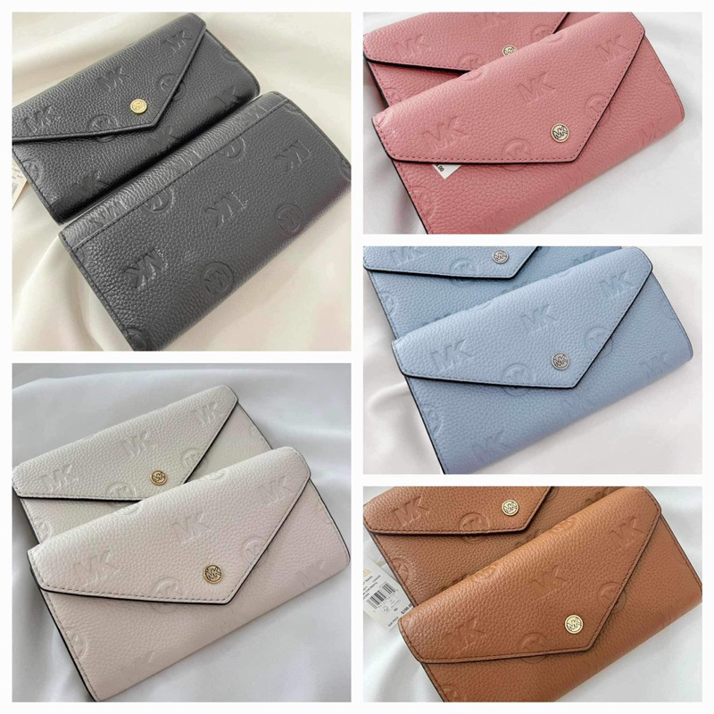 💚แท้💯 พร้อมส่ง💚 MK Michael Kors  Jet Set Travel Large Logo Embossed Leather Envelope Wallet Style 35
