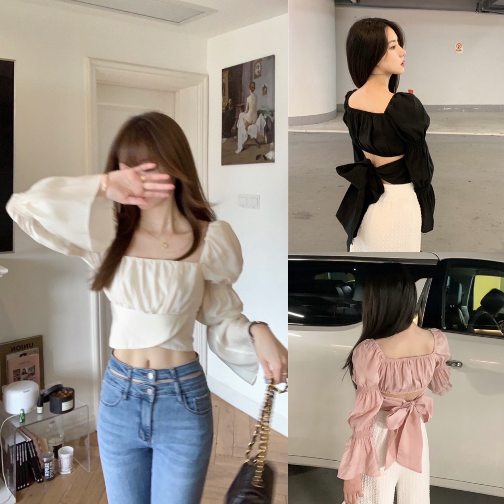 (T023)         เสื้อครอปแขนยาวโบว์หลัง สวยหวาน พร้อมส่ง 3 สี