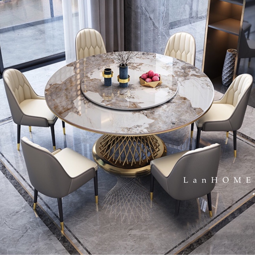 Lequa.furniture โต๊ะอาหาร top หินอ่อน โต๊ะทานข้าว ขาสแตนเลสสีทอง จัดส่งฟรี