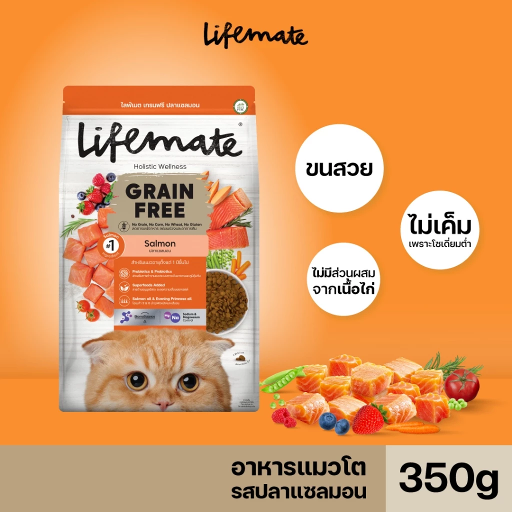 Lifemate Grain Free อาหารแมวโต สูตรปลาแซลมอน ขนาด 350 กรัม (C31)