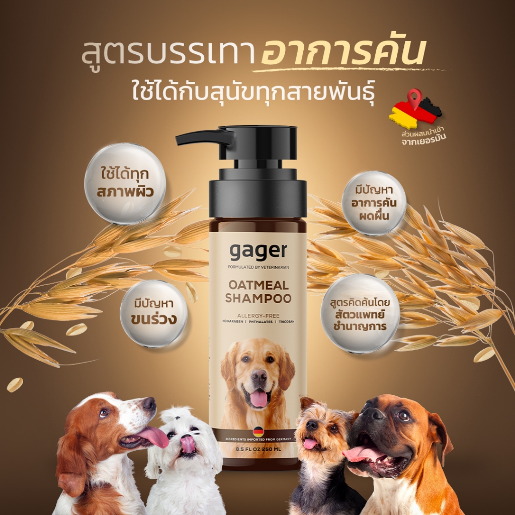 กาเจอร์ Gager แชมพูอาบน้ำสุนัข แชมพูอาบน้ำหมา สูตรโอ๊ตมีลสำหรับโกลเด้น&ลาบราดอร์ ช่วยบรรเทาอาการคันแ