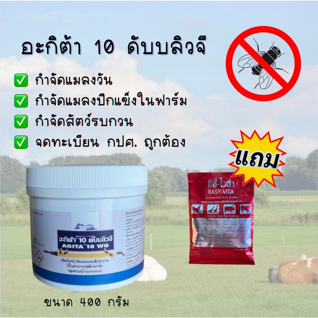 อะกิต้า 10 ดับบลิวจี  (AGITA 10 WG) ผลิตภัณฑ์กำจัดแมลงวัน แมลงปีกแข็ง ขนาด 400 กรัม  ฟรี วิตามิน อีซ